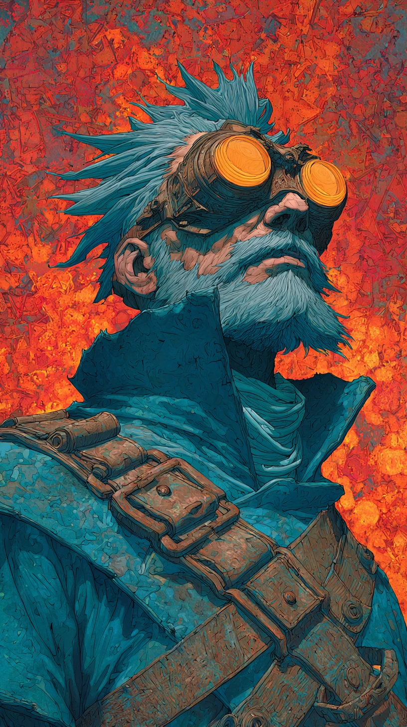 Héroe steampunk con gafas brillantes en un cielo abstracto de fuego