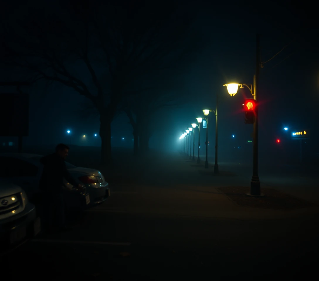 Scène nocturne surréaliste capturant la lourde tension d’une attente dangereuse