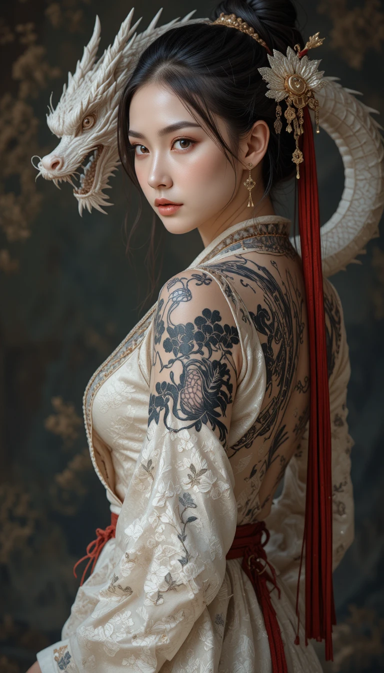 Guerrière asiatique avec tatouage de dragon et ceinture en corde rouge