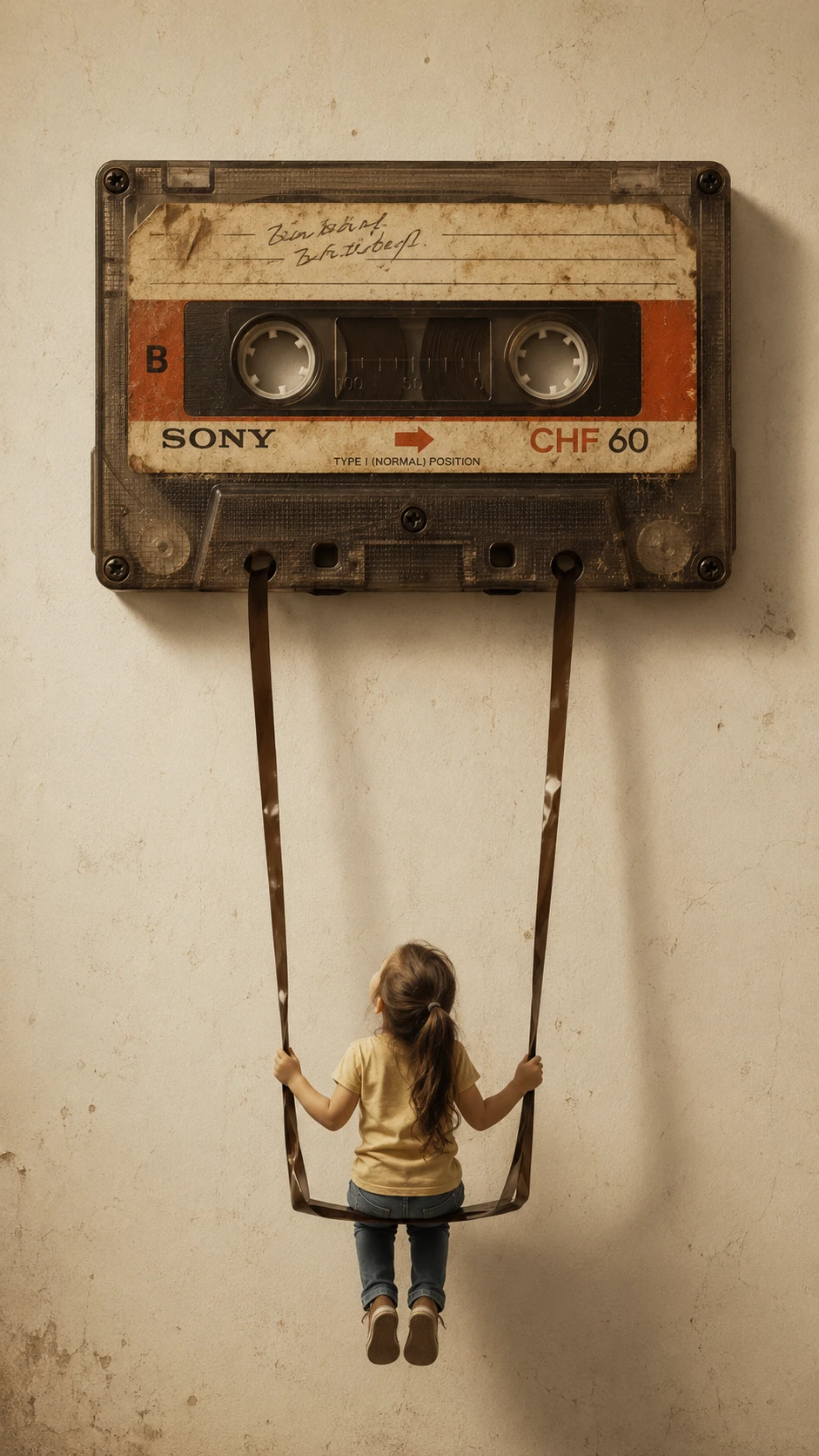 Surreal cassette swing with tiny girl on minimalist wall