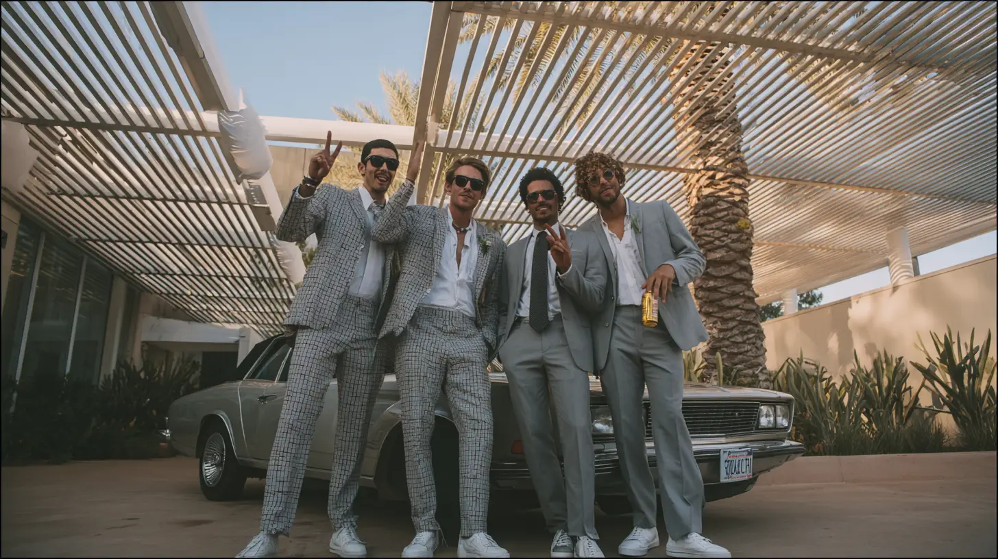 Four men in gray suits posing with luxury car