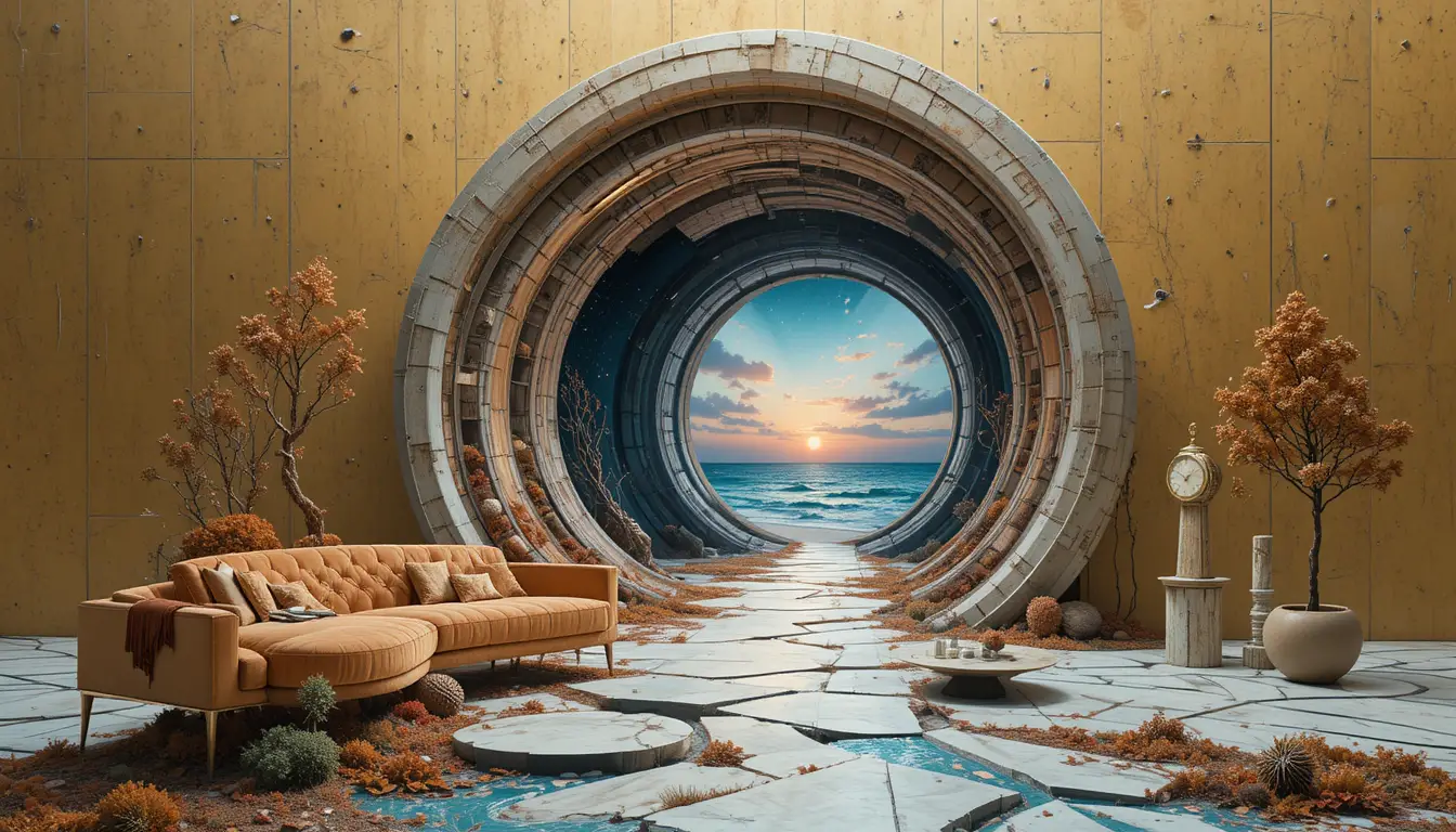 Torre a spirale surreale che si innalza in un paesaggio cosmico al crepuscolo