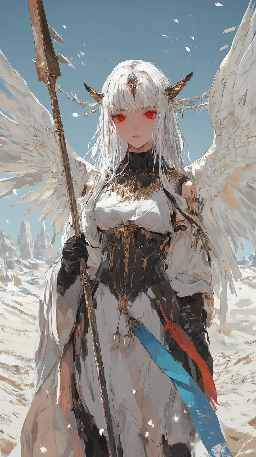 砂漠の城を守る翼のある天使系アニメ少女