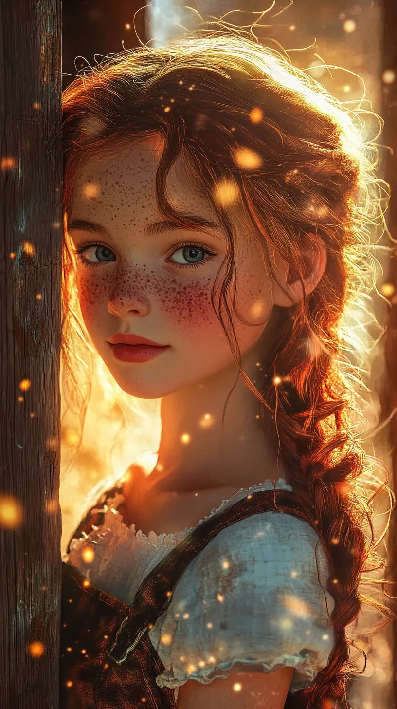 Ragazza anime accanto a una vecchia porta del fienile nella luce dorata