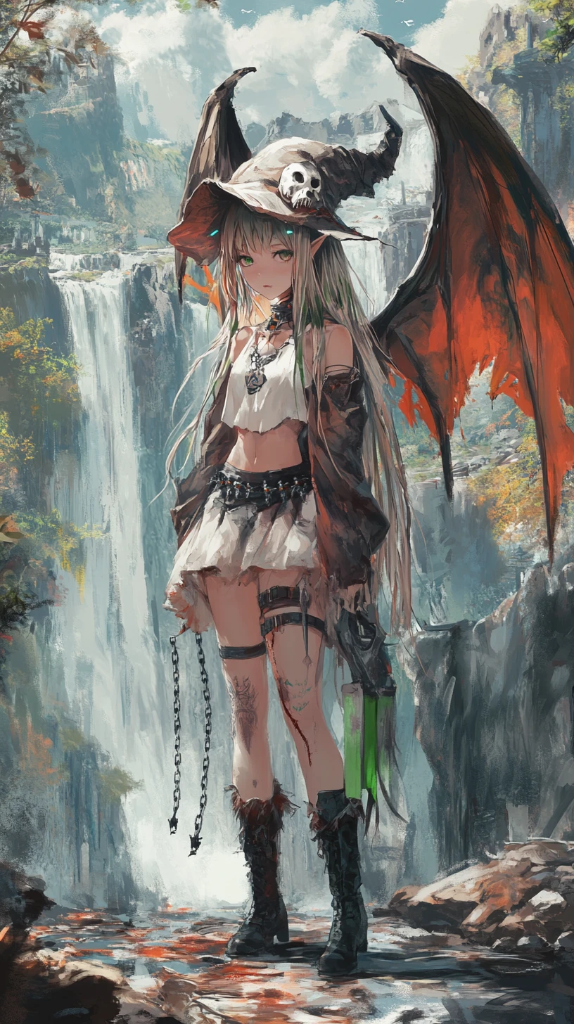 虹の滝の前に立つ剣を持ったドラゴン翼の少女