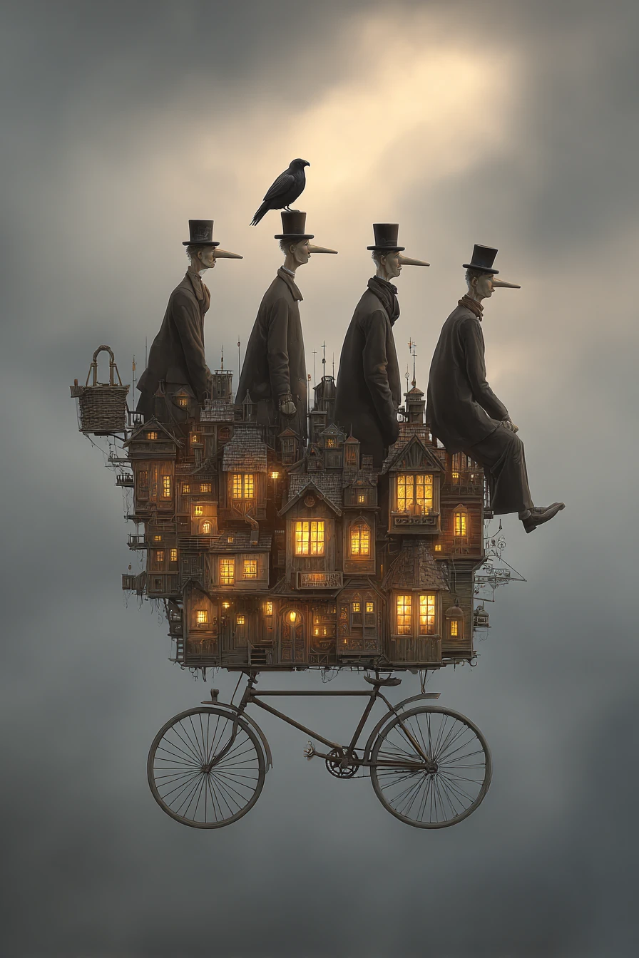 Aldea Surreal en Bicicleta con Cuatro Caballeros a la Luz Suave