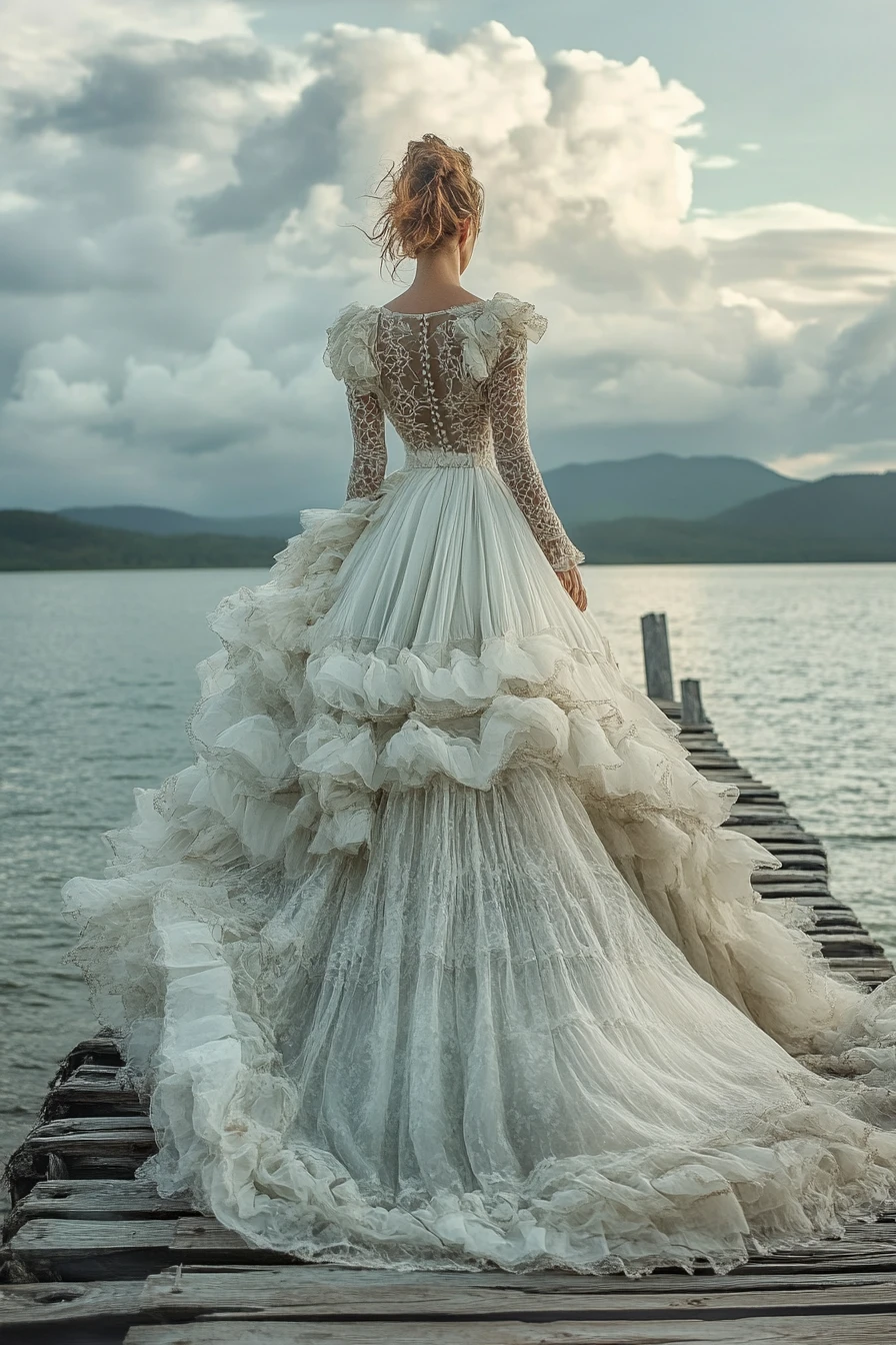 Mujer con vestido de noche con volantes en un muelle junto a un lago tranquilo