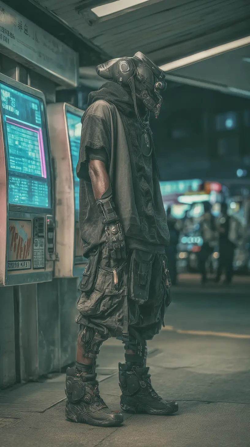 Donna cyberpunk con maschera in una strada al neon di Tokyo