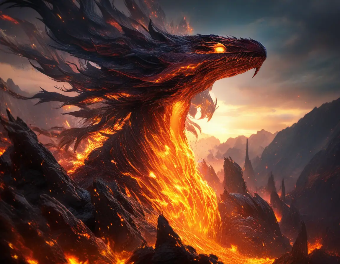 從炙熱火山爆發中重生的傳說鳳凰