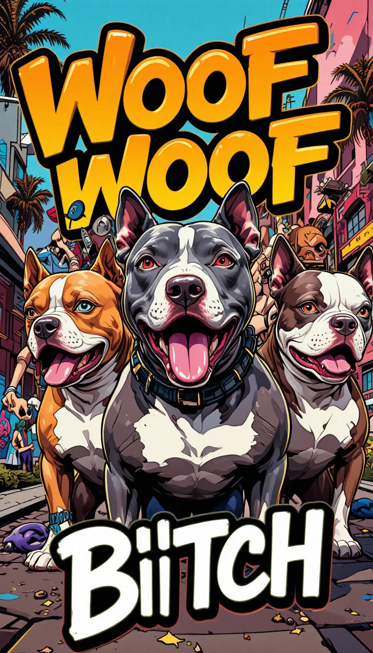 Arte de pitbull em estilo GTA com título em grafite em negrito