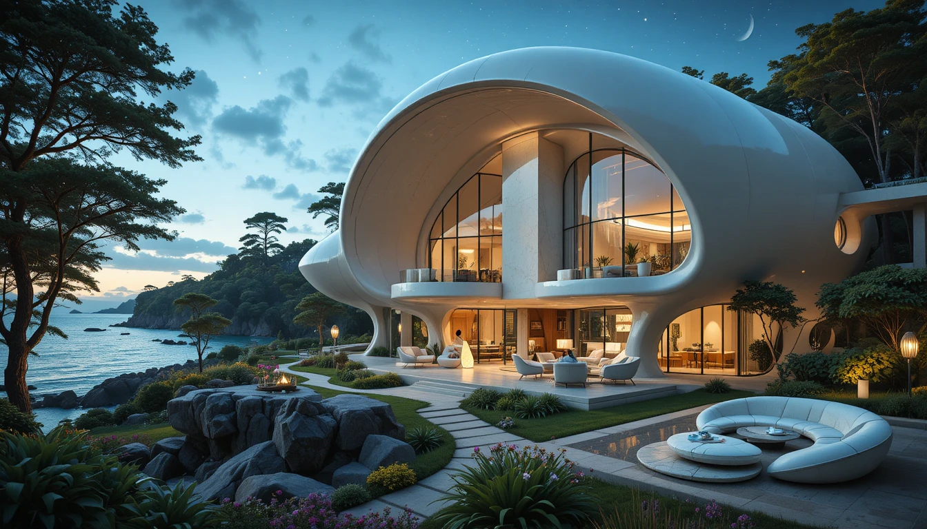 Villa organique futuriste au bord de l’océan au coucher du soleil