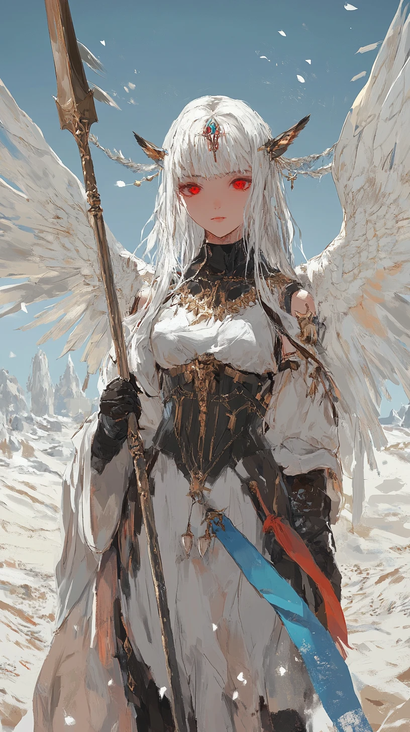 Ragazza anime angelica alata che protegge un castello nel deserto