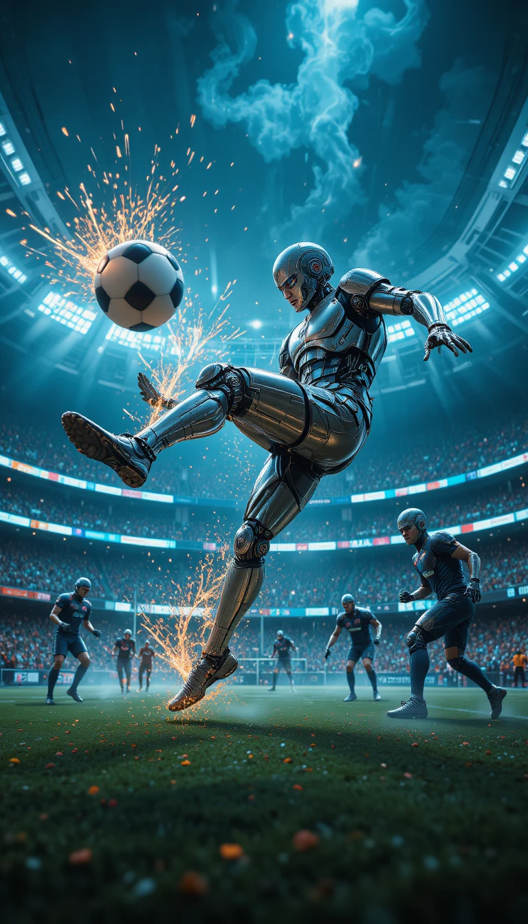 Futuristischer Android-Fußballer, der einen klassischen Fußball volley nimmt