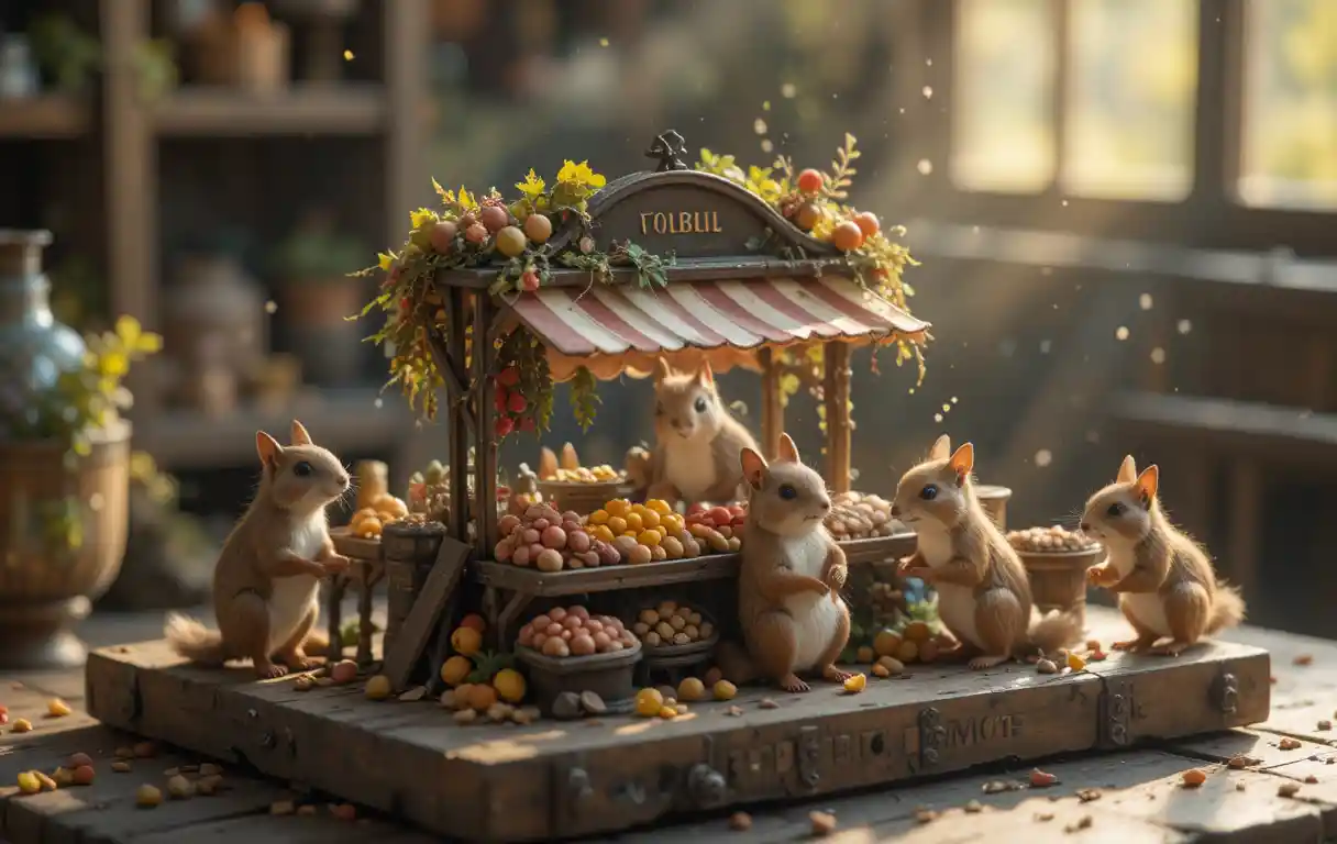 Miniatura di Bancarella di Mercato Vittoriano con Scoiattoli Commercianti