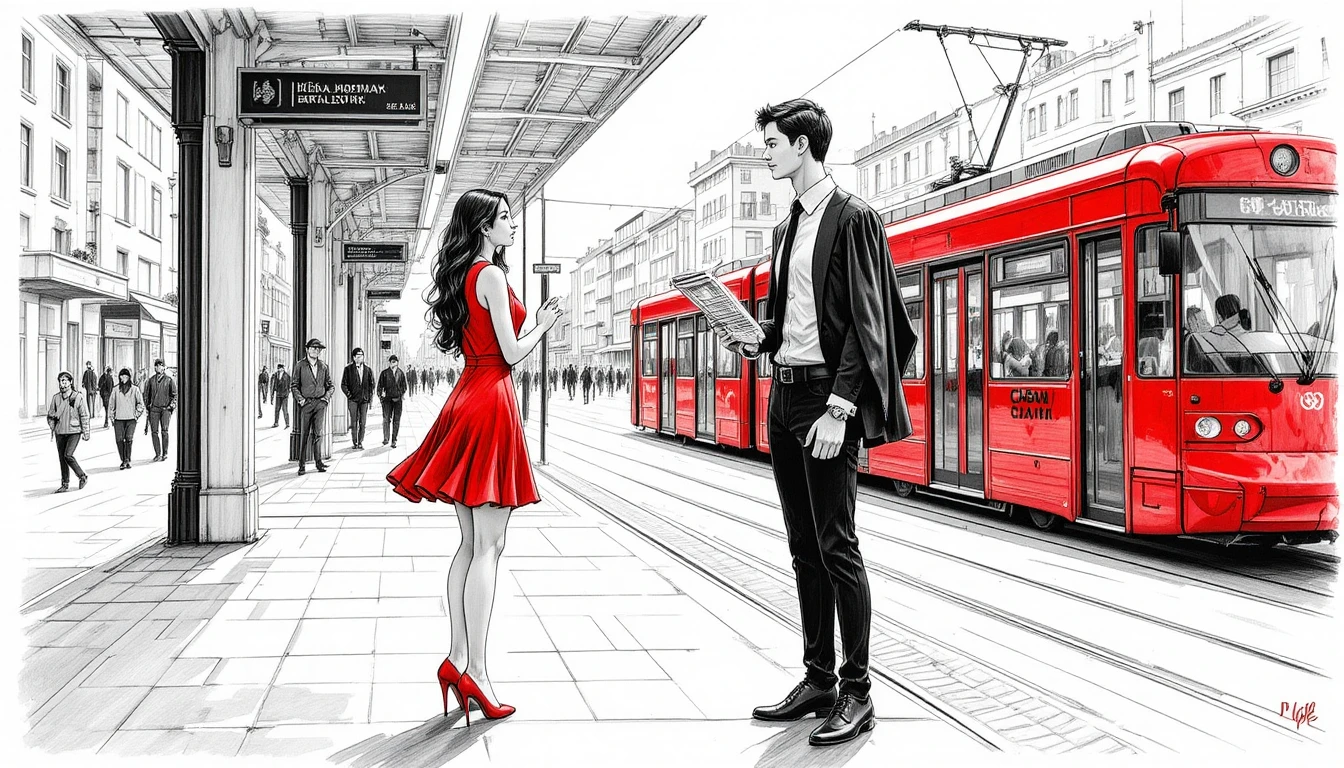 Jovem de vestido vermelho em estação de bonde urbana