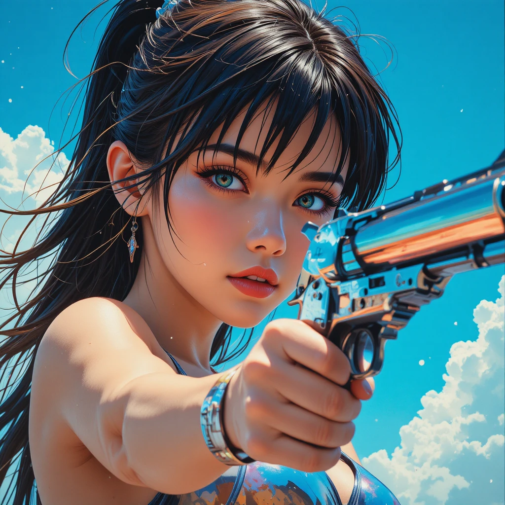 Heroína de anime apontando revólver sob um céu azul brilhante