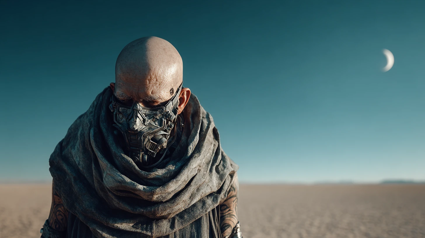 Homem careca mascarado sozinho em um deserto escuro