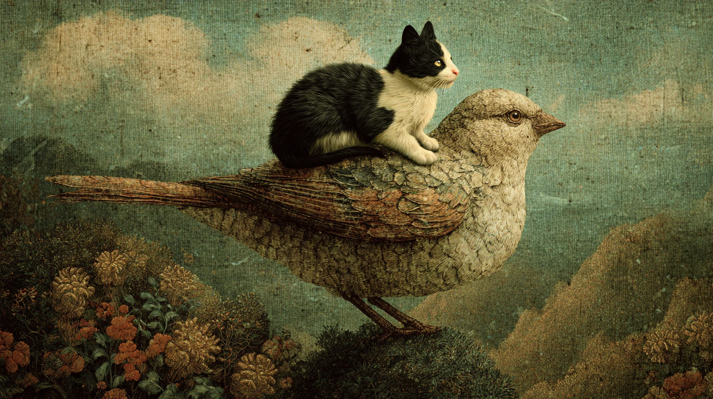 Fada gata montando um pardal gigante sobre uma paisagem de verão