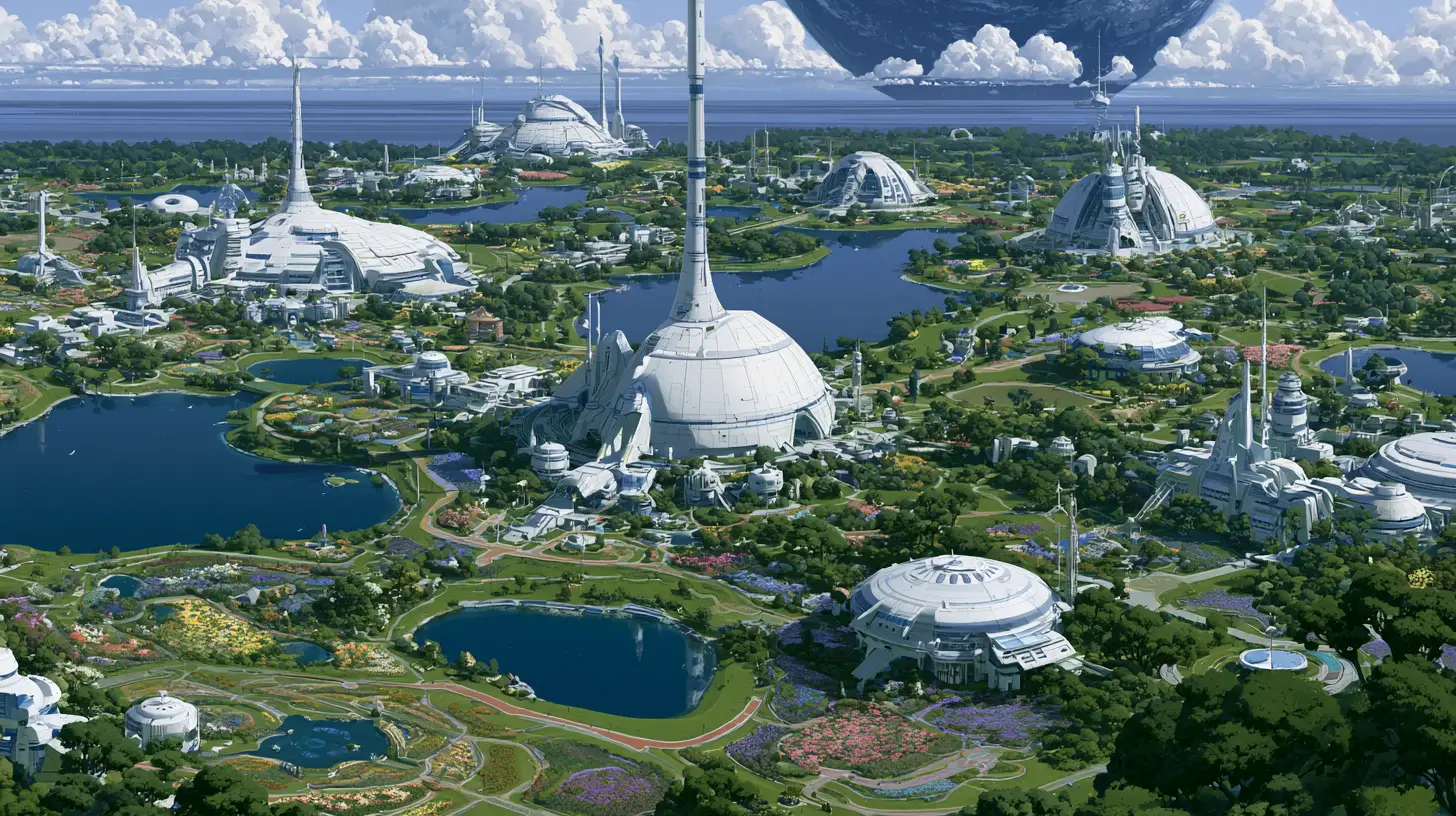 Accademia spaziale futuristica con laghi e caccia da addestramento