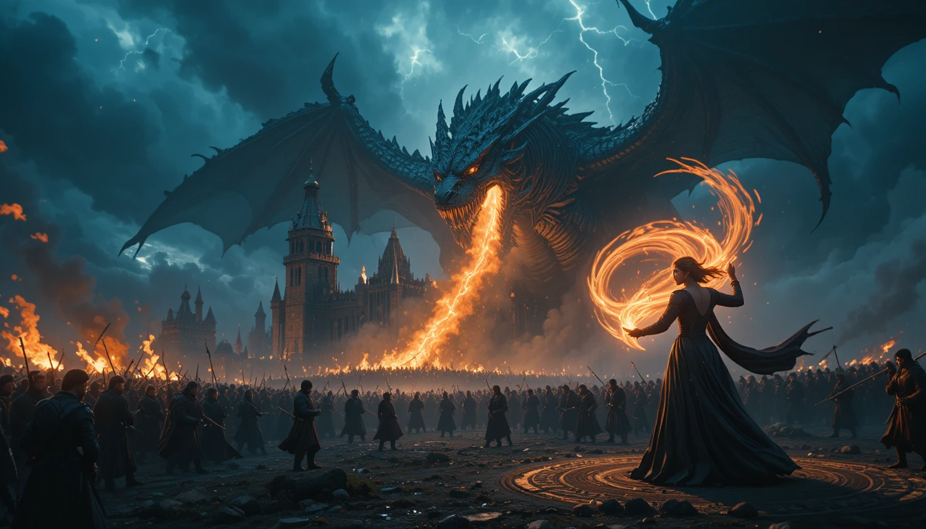 Dragão Atacando um Castelo Medieval em Batalha Épica de Fantasia