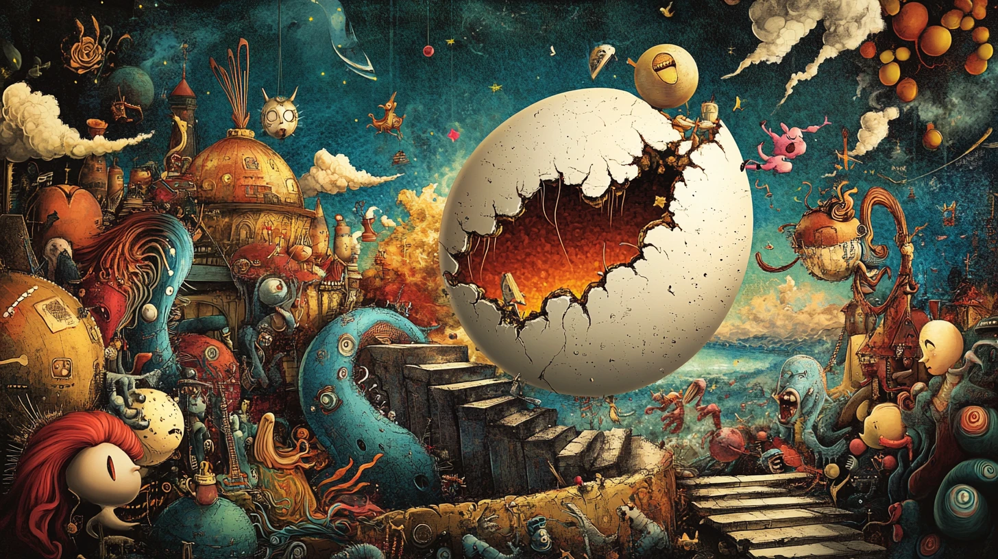 Scena fiabesca surreale con la signora Humpty Dumpty che piange
