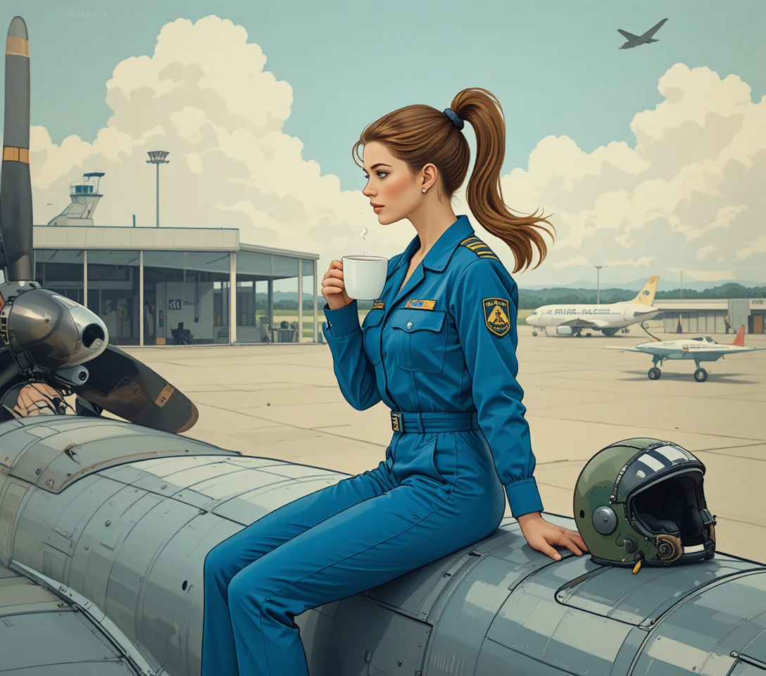 Mulher na asa de aeronave tomando café em aeroporto vintage