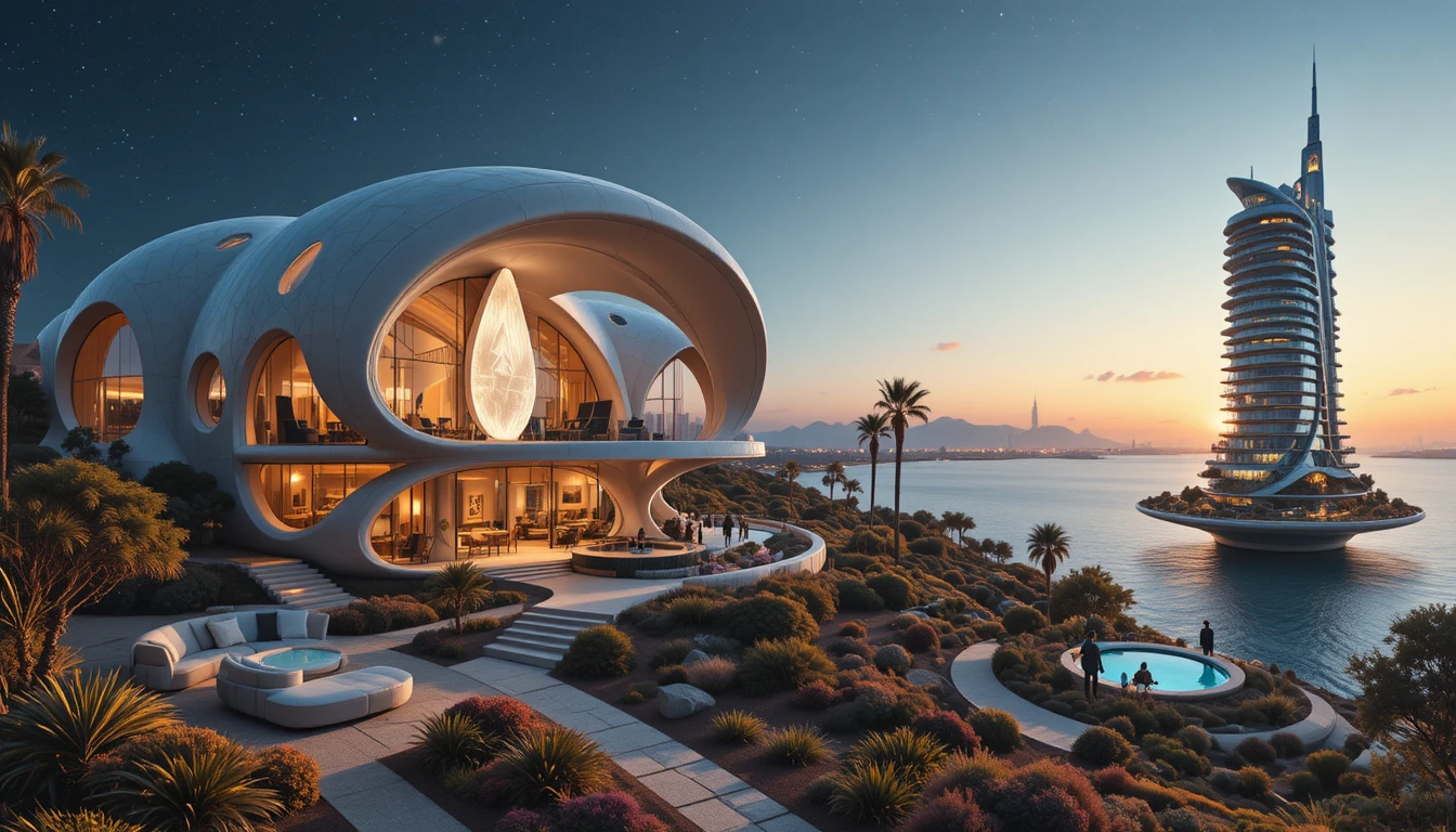 Futuristische organische Villa mit geschwungenen Formen im Garten
