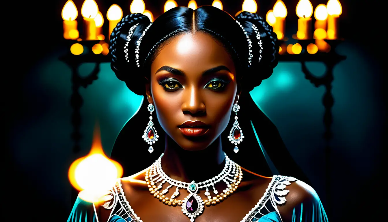 Magical black woman in ornate lace and jeweled portrait