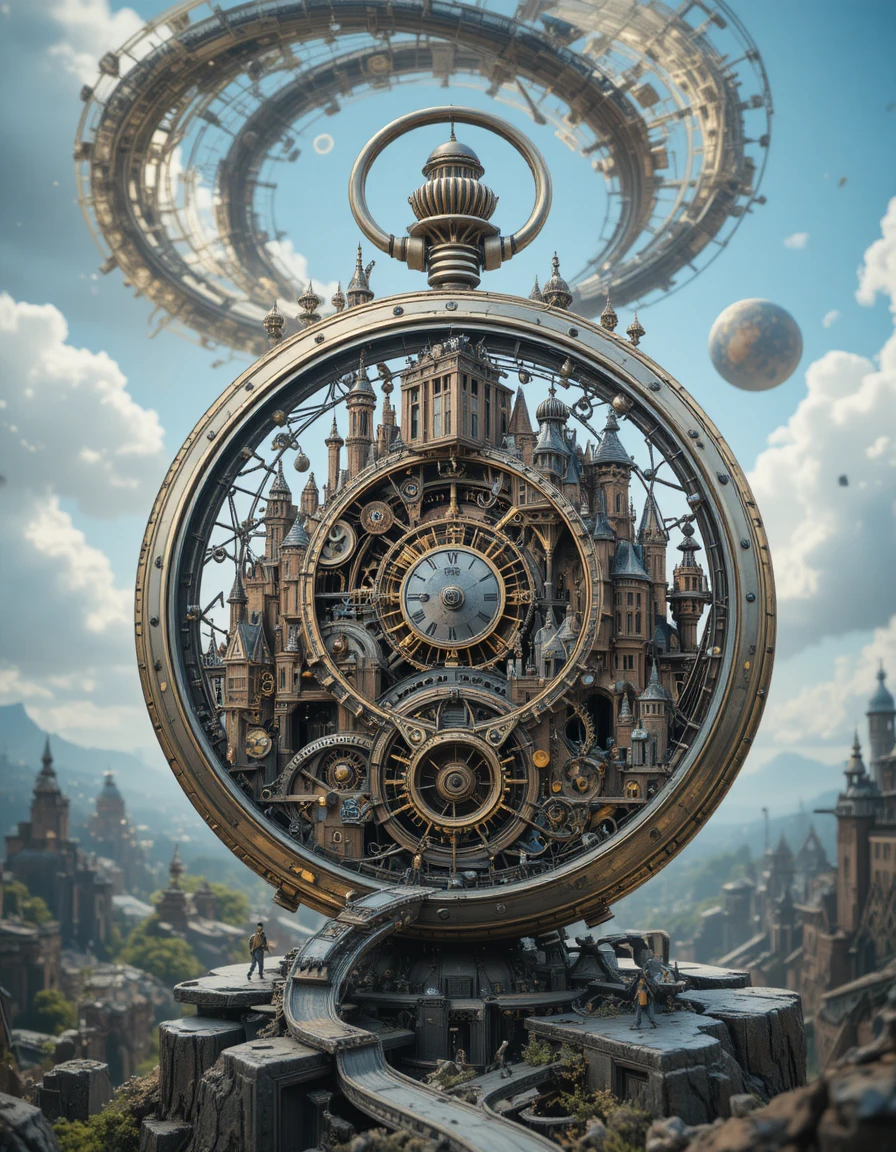 Miniature city hidden inside a giant mechanical pocket watch