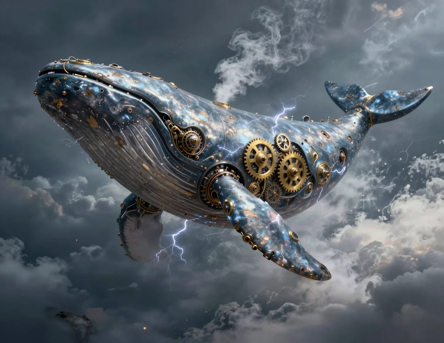 Dirigeable Baleine Mécanique Gigantesque dans un Ciel Orageux