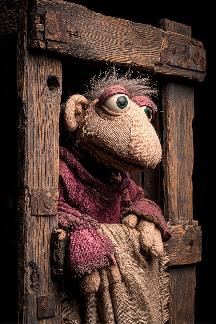 Marioneta de ojos verdes asomándose desde un marco de madera oscura