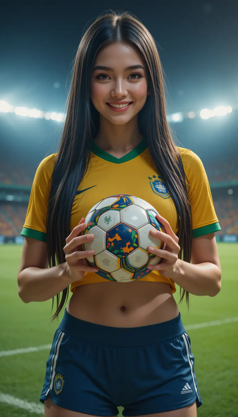 Smiling woman in Brazilian football kit holding World Cup ball