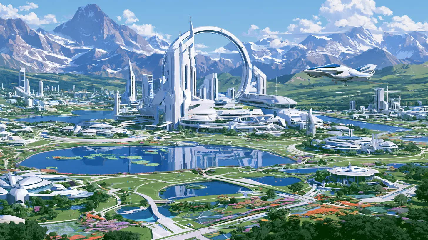Accademia spaziale futuristica con torri lucenti e laghi