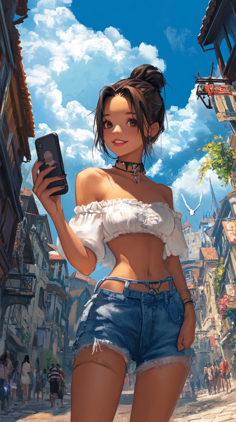 Fröhliches Anime-Mädchen mit Handy in mittelalterlicher Stadtstraße