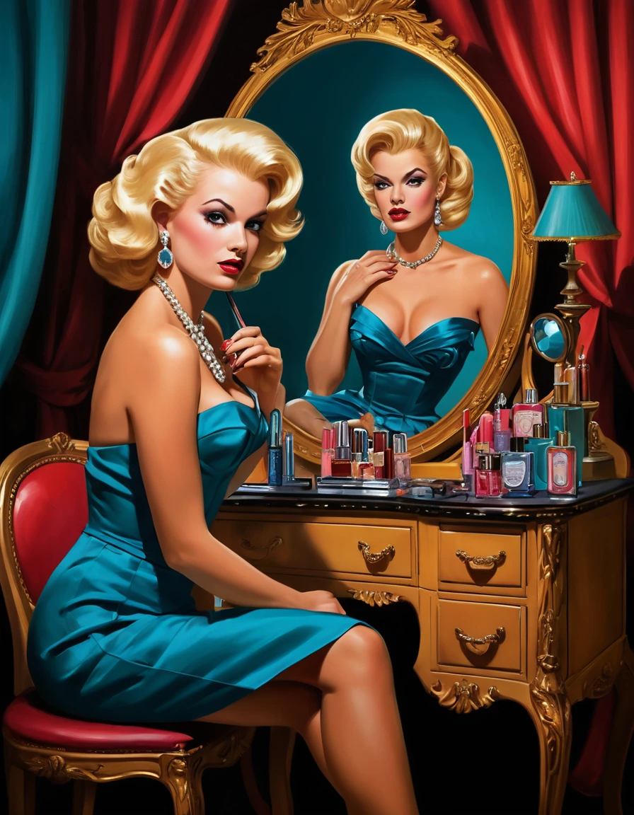 Loira pin-up em penteadeira rococó em interior dramático