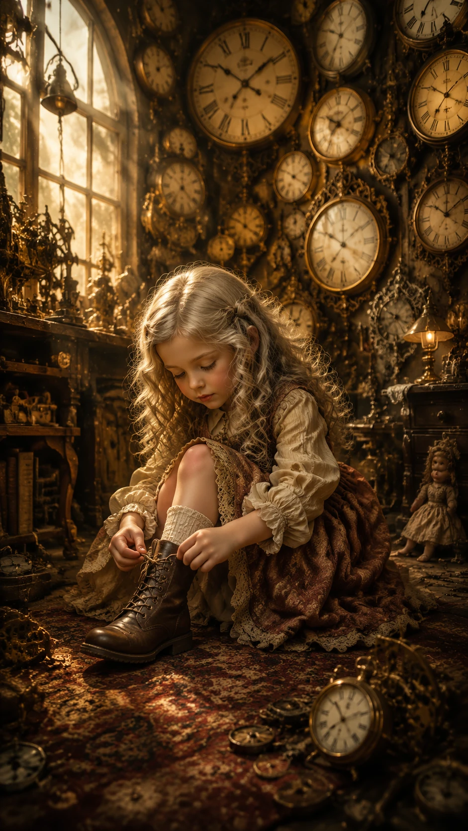 Jeune fille dans un atelier d’horlogerie ancienne en train de lacer ses bottes