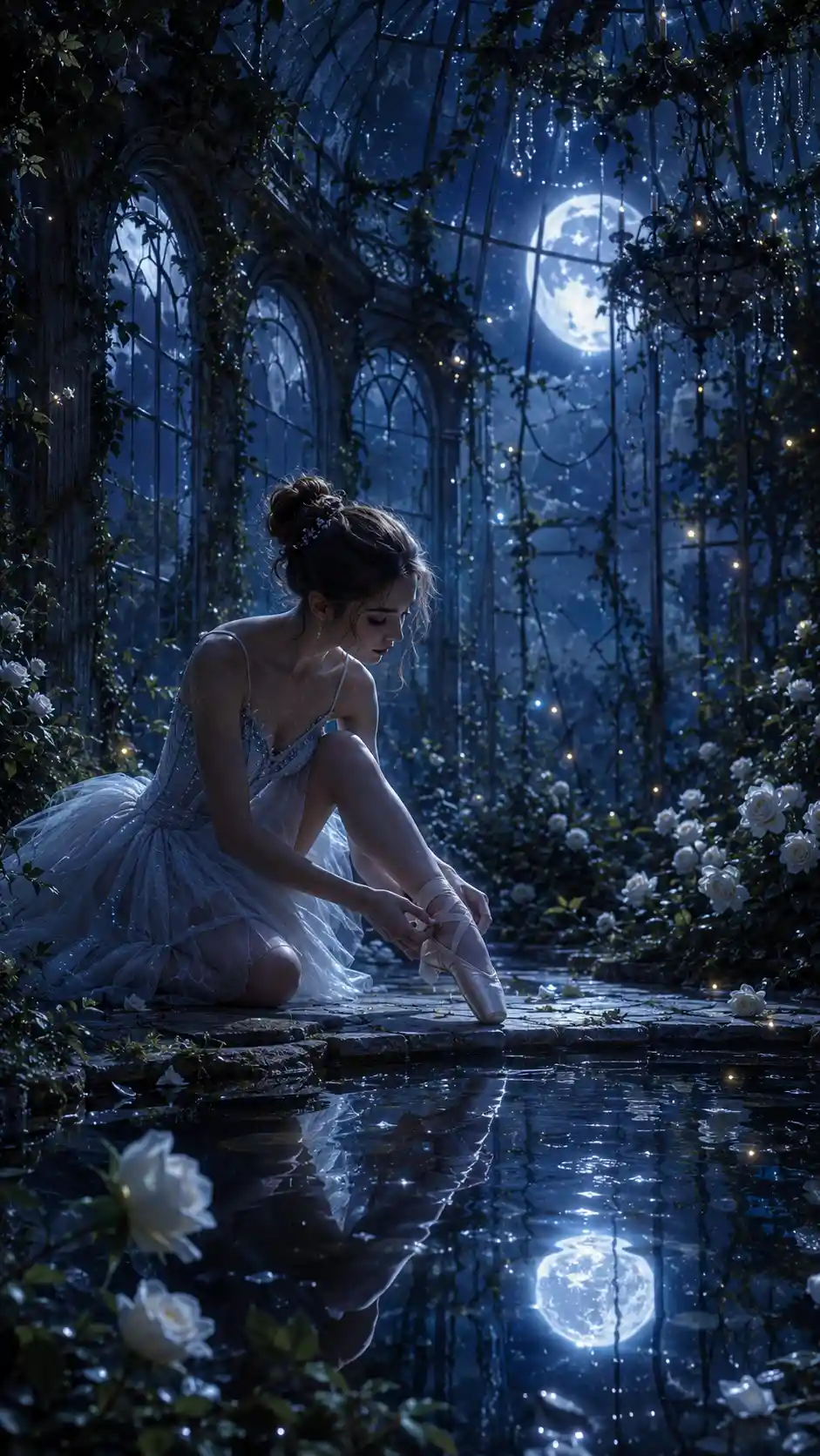 Young ballet student dancing in a moonlit glass conservatory