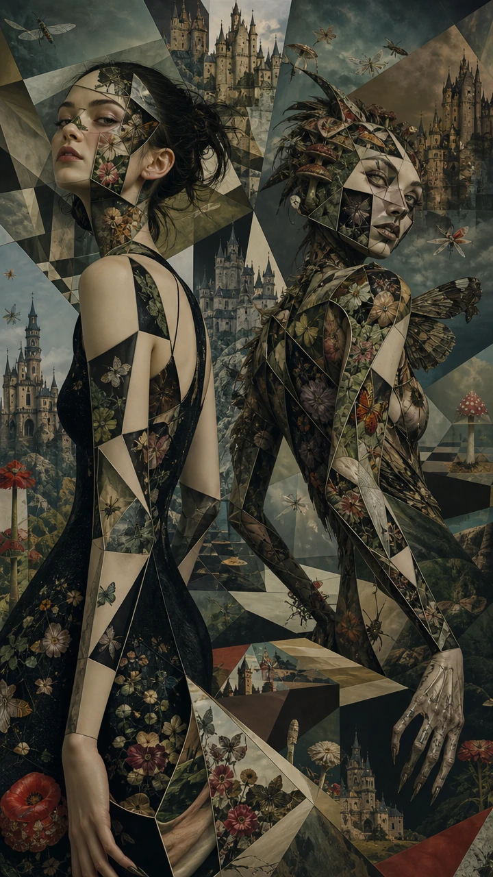 Mulher surreal espelhada com contraparte de criatura fragmentada