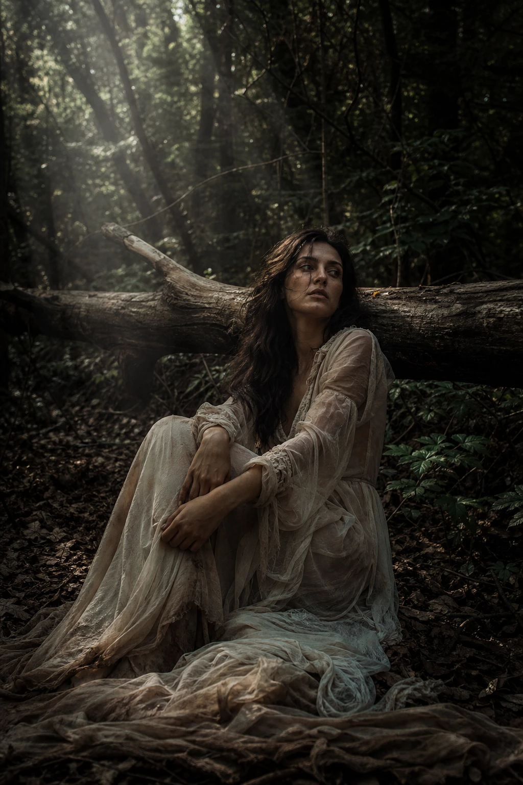 Mulher de vestido transparente rasgado apoiada em um tronco na floresta