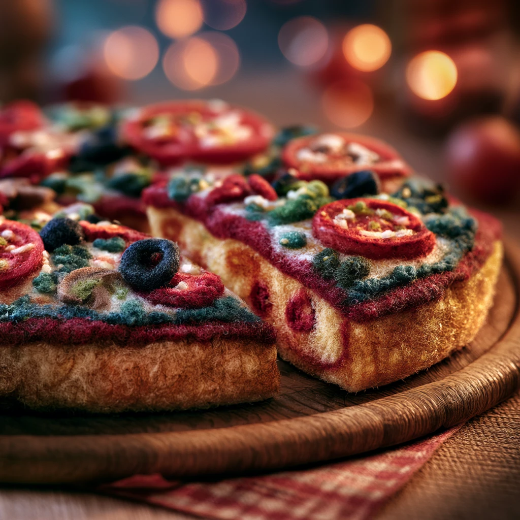 Niedliches gefilztes Veggie-Pizzastück auf einem gemütlichen Küchentisch