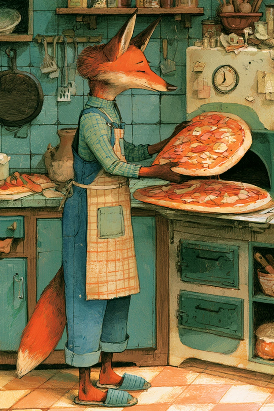 Chef raposa simpática preparando uma pizza gigante na cozinha