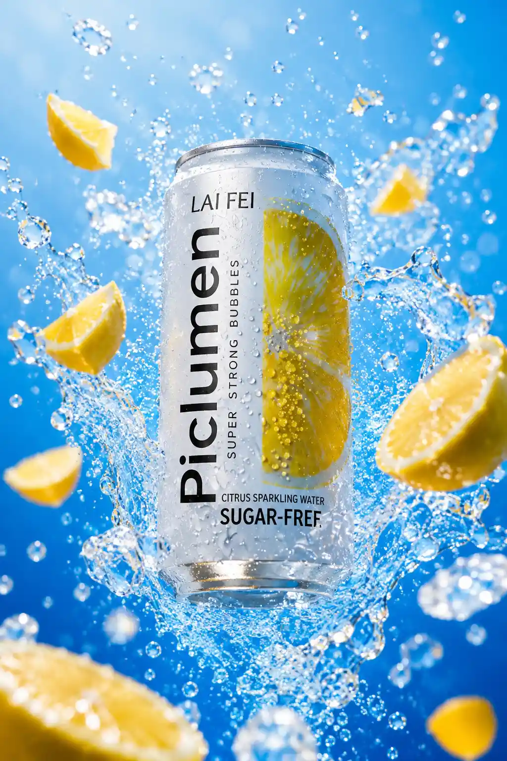 Refreshing metallic sparkling water can with splashing fruits