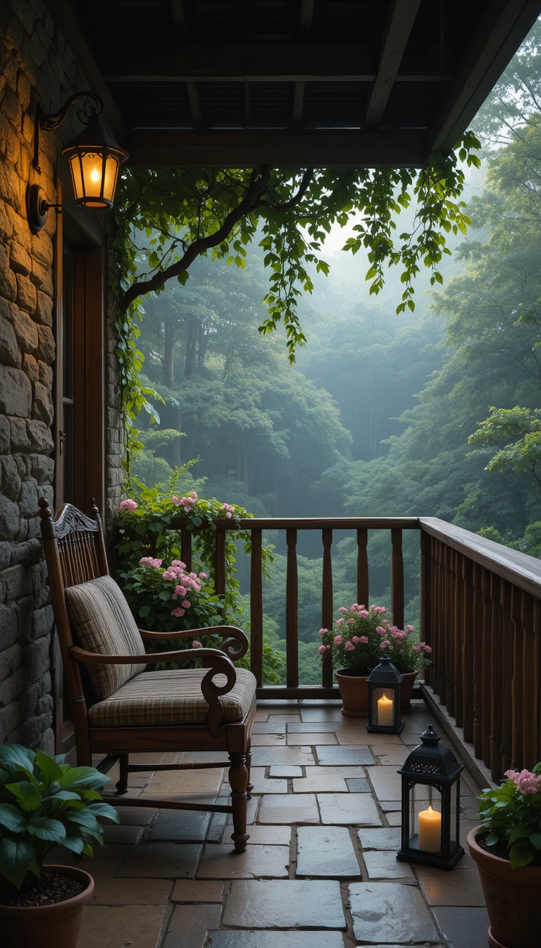 Cozy rustic balcony with armchair overlooking green forest