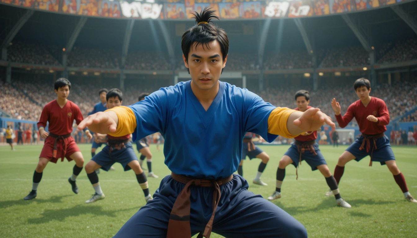 Shaolin-Kampfkünstler führen Kung-Fu-Moves auf einem Fußballfeld aus
