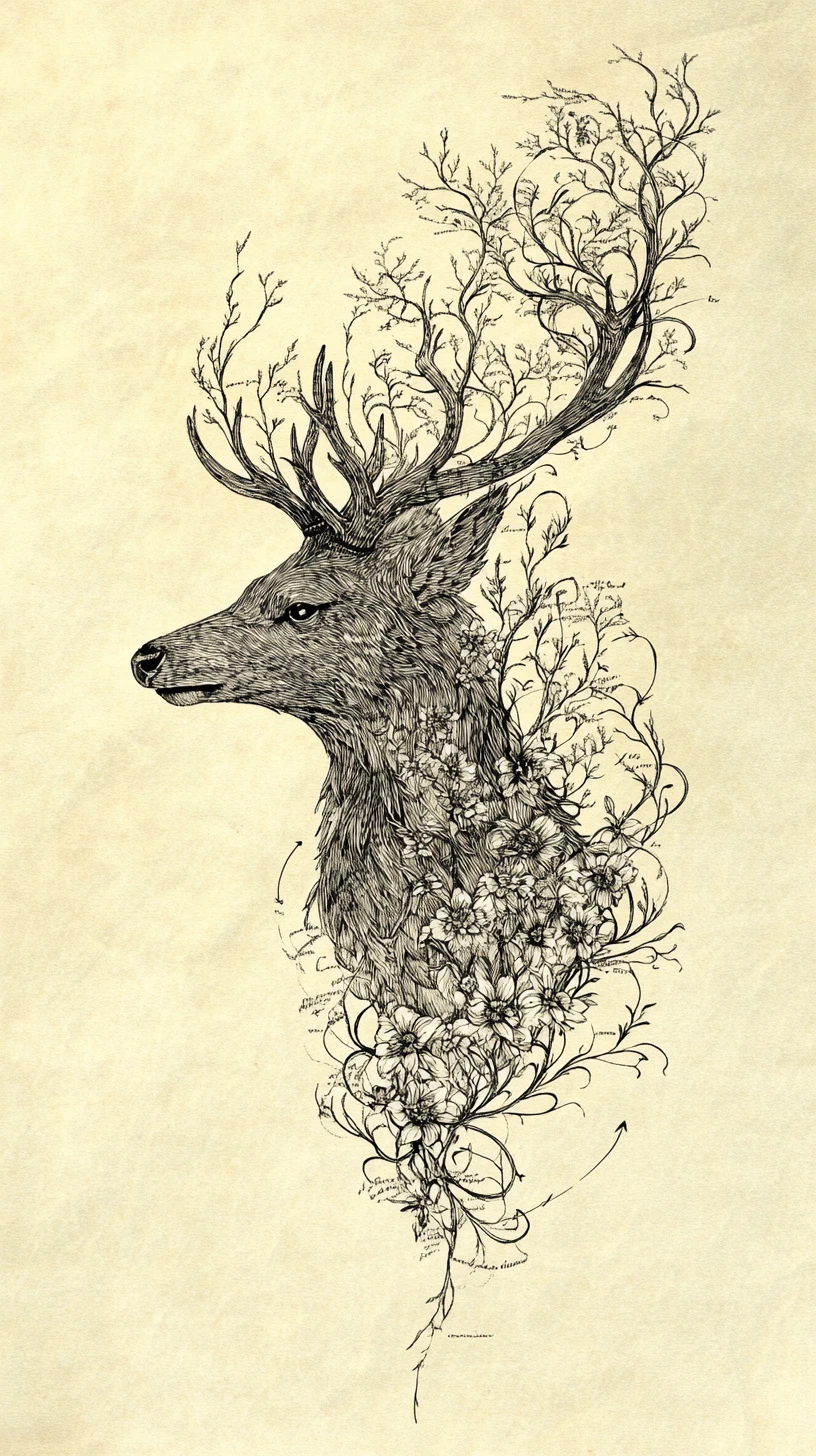 Surrealer Hirsch-Raben-Hybrid mit botanischen Geweihen im Profil