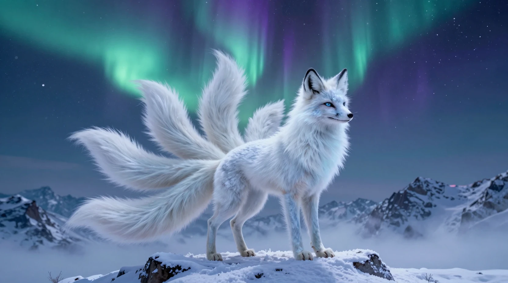 Majestätischer neunschwänziger Frostfuchs unter leuchtendem Polarhimmel