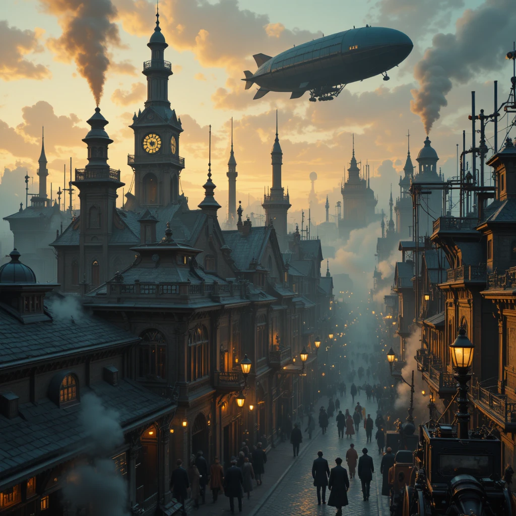 Città vittoriana steampunk con aeronavi all’ora d’oro