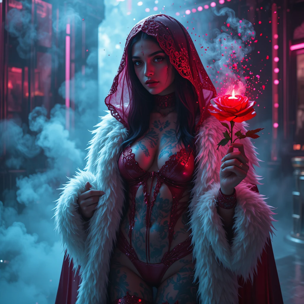 Retrato de moda surreal de uma mulher em capa de látex carmesim