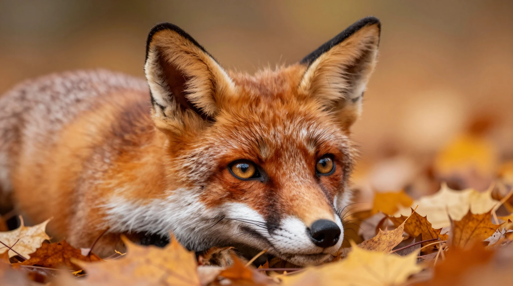 Roter Fuchs aus der Nähe, ruhend in herbstlichem Laub im Wald