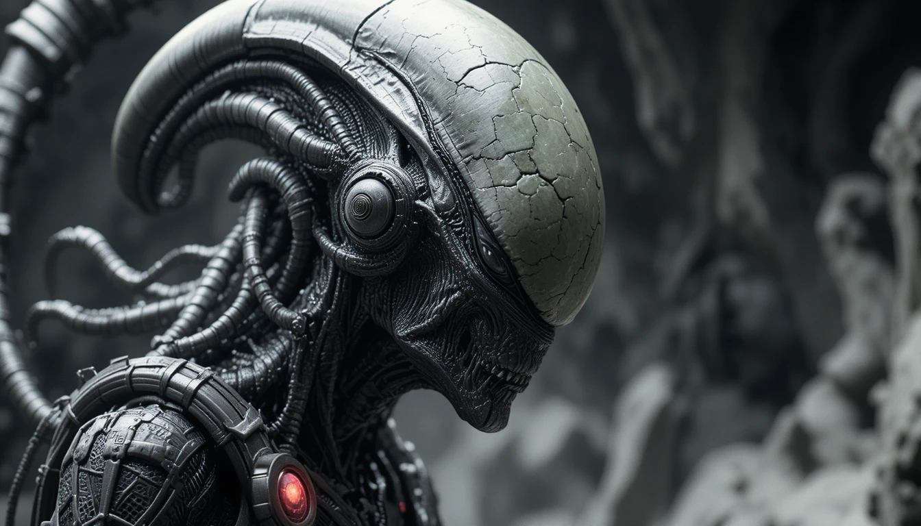 Retrato de meio corpo de um alienígena realista em preto e branco